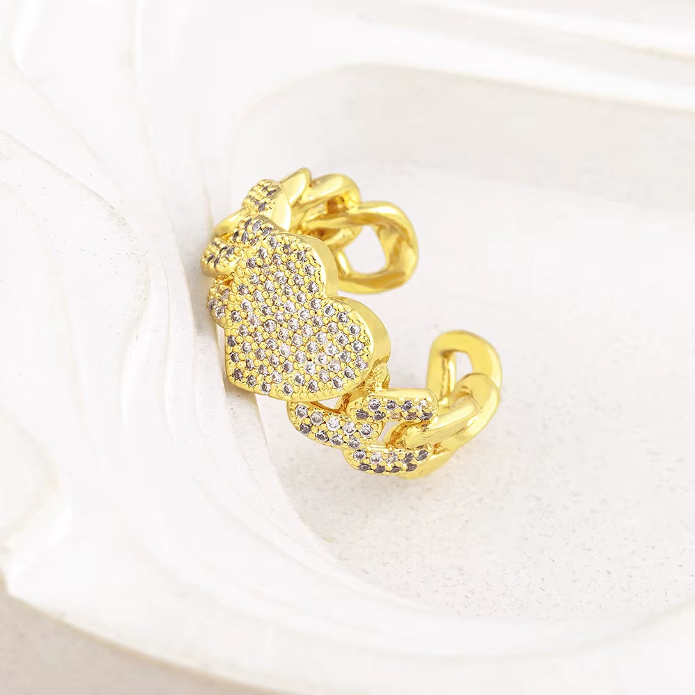 European and American Popular Trendy Fashion Heart Adjustable Gold Color Open Ring Romantic Zircon Finger Jewelry Gift