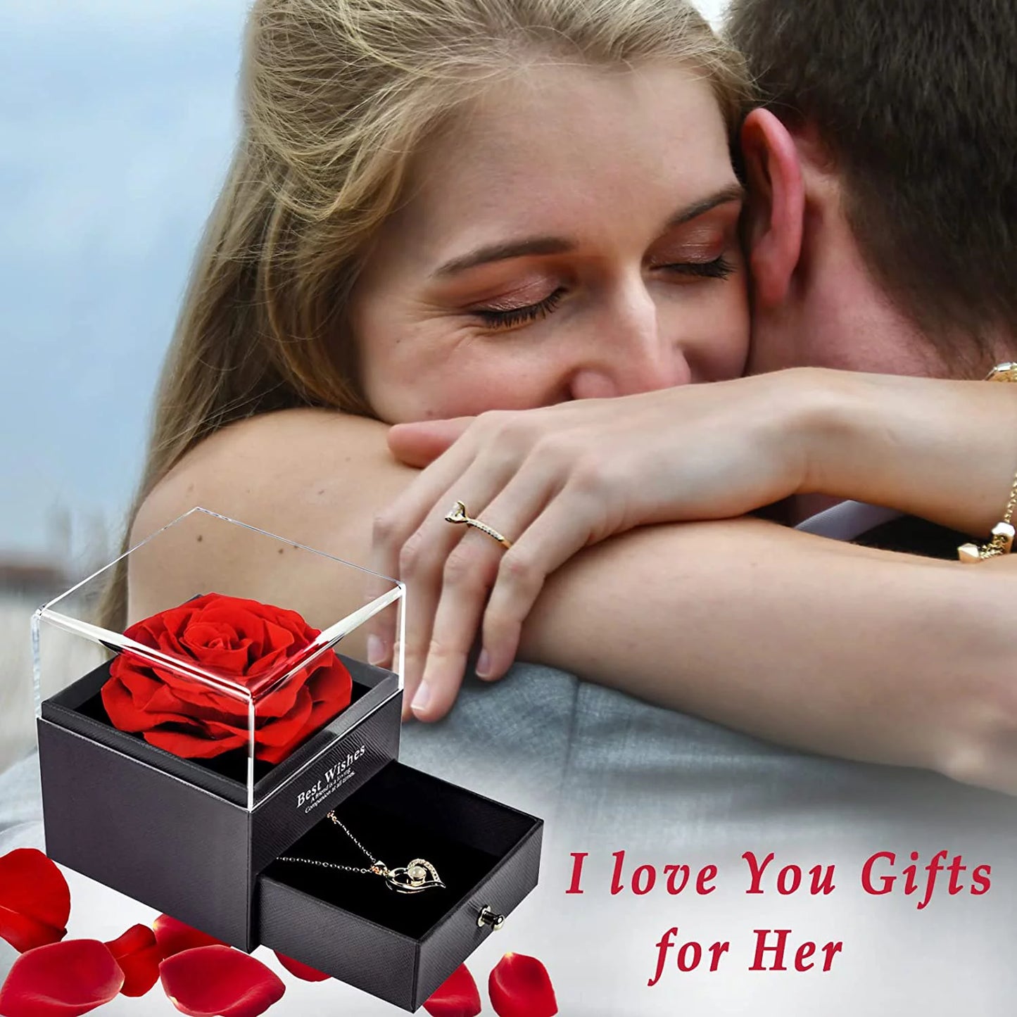 Preserved Red Real Rose with Heart I Love You Necklace,Eternal Flowers Rose Birthday Gifts for Women Her Mom Wife Girlfriend Grandma on Valentines Mothers Day Christmas Anniversary Romant