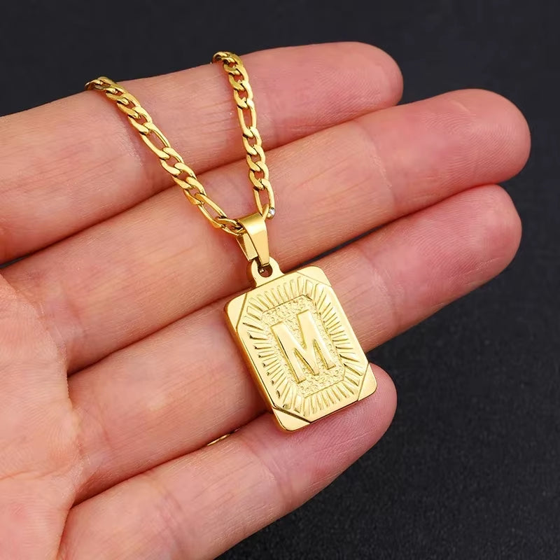 Fashion 26 Letter Gold Color Pendant Necklace for Men Women O Chain Link Charm Square Initial Necklace Choker Jewelry