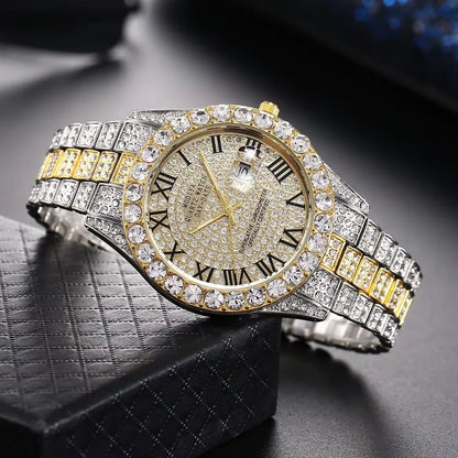 Hot Sale Diamond Bling Watch Men Gold Color Luxury Gift Quartz Watches Male Clock Dropshipping Rhinestone Calendar Wristwatch