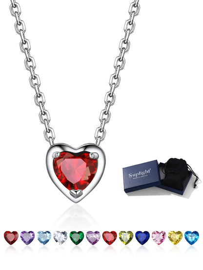Silver Necklace 925 Sterling Silver Birthstone Love Heart Necklace Valentine'S Day Gift for Her
