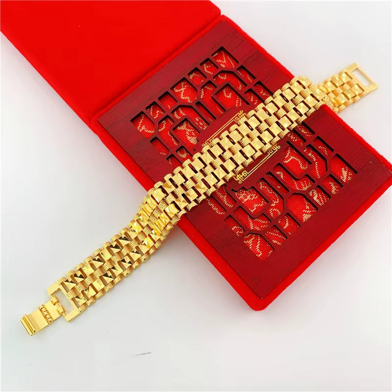 Powerful Simplicity! 24K AU999 Gold Masculine Link Bracelet - Polished Square Links, Sturdy Design for Daily Edge