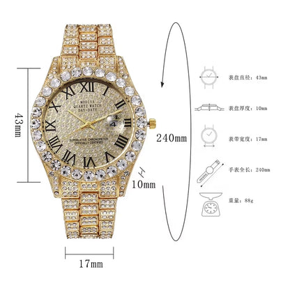 Hot Sale Diamond Bling Watch Men Gold Color Luxury Gift Quartz Watches Male Clock Dropshipping Rhinestone Calendar Wristwatch