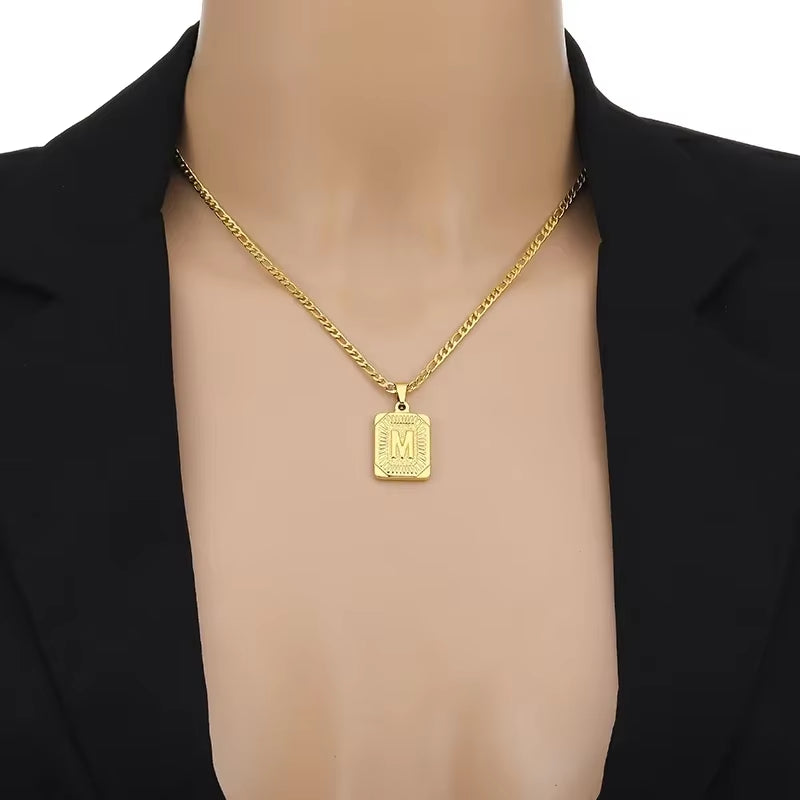 Fashion 26 Letter Gold Color Pendant Necklace for Men Women O Chain Link Charm Square Initial Necklace Choker Jewelry