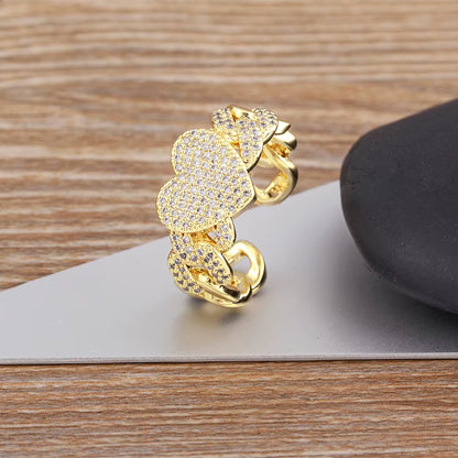 European and American Popular Trendy Fashion Heart Adjustable Gold Color Open Ring Romantic Zircon ​Finger Jewelry Gift