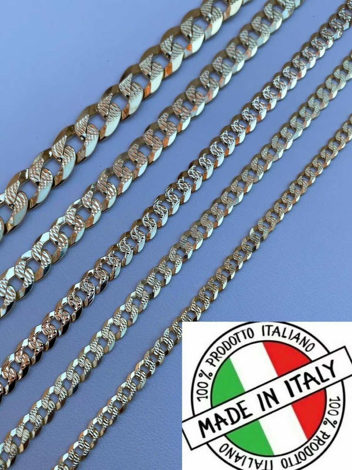 Men'S Women'S 14K Gold Vermeil over Solid 925 Silver Flat Curb Cuban Link Diamond Cut Chain Necklace 4Mm - 11Mm, 16"- 30" or 7”-9” Bracelet