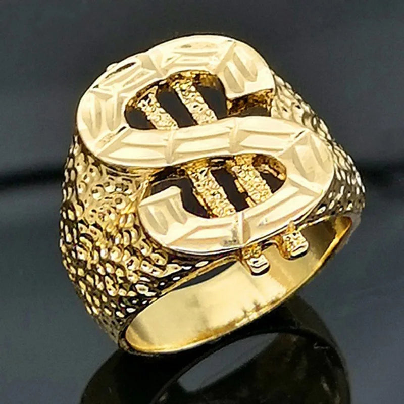 Trendy Fashion Gold Color Hip Hop Style Ring Dollar Sign Creative Mens Rock Style Ring Design Party Jewelry Accessories