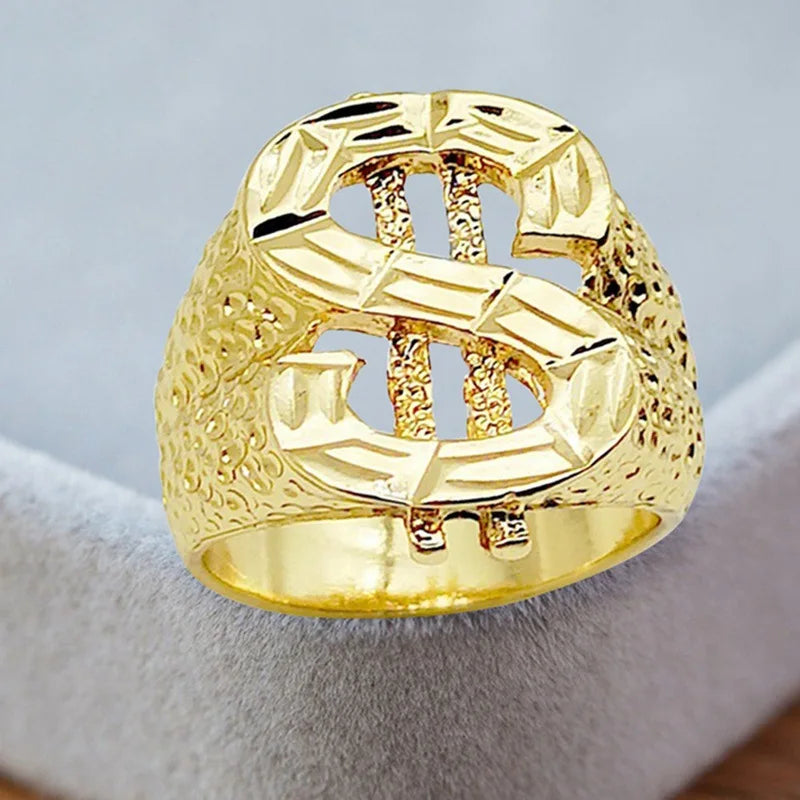 Trendy Fashion Gold Color Hip Hop Style Ring Dollar Sign Creative Mens Rock Style Ring Design Party Jewelry Accessories