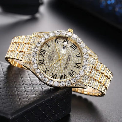 Hot Sale Diamond Bling Watch Men Gold Color Luxury Gift Quartz Watches Male Clock Dropshipping Rhinestone Calendar Wristwatch