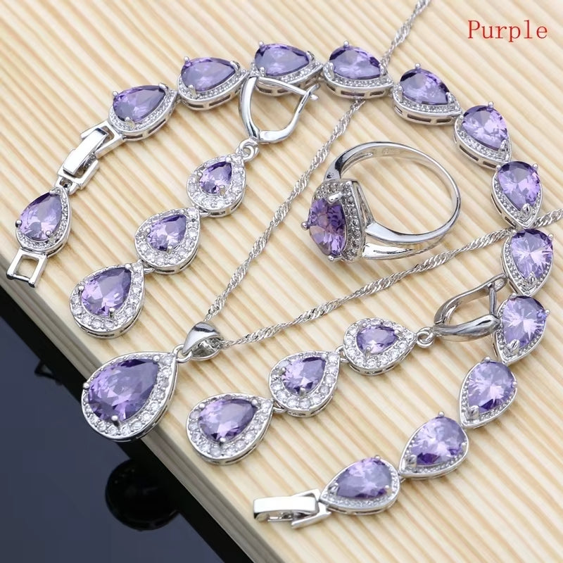 Water Drop Silver 925 Jewelry Red Ruby White Topaz Jewelry Sets Women Long Earrings/Pendant/Necklace/Rings/Bracelet Dropshipping