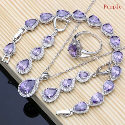 Water Drop Silver 925 Jewelry Red Ruby White Topaz Jewelry Sets Women Long Earrings/Pendant/Necklace/Rings/Bracelet Dropshipping