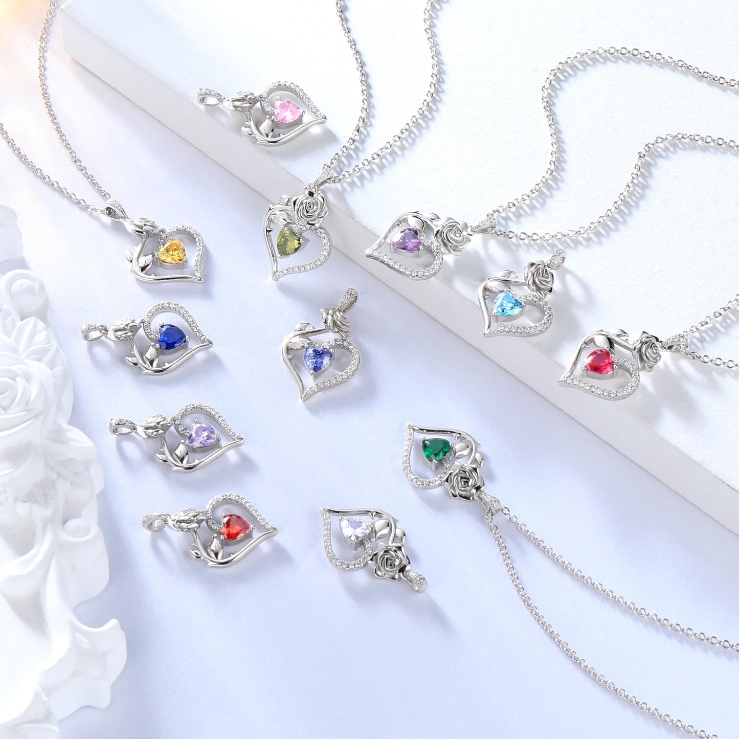 925 Sterling Silver Birthstone Necklace Rose Flower Heart Pendant Jewelry Christmas Valentines Mother'S Day Gifts for Women Mom Wife/Lover
