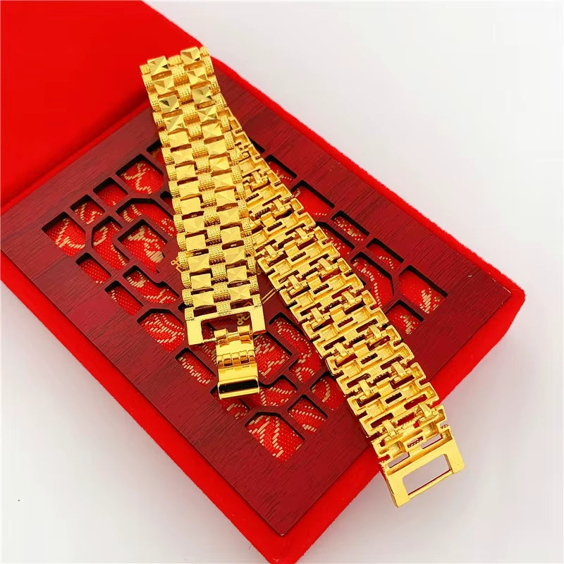 Powerful Simplicity! 24K AU999 Gold Masculine Link Bracelet - Polished Square Links, Sturdy Design for Daily Edge