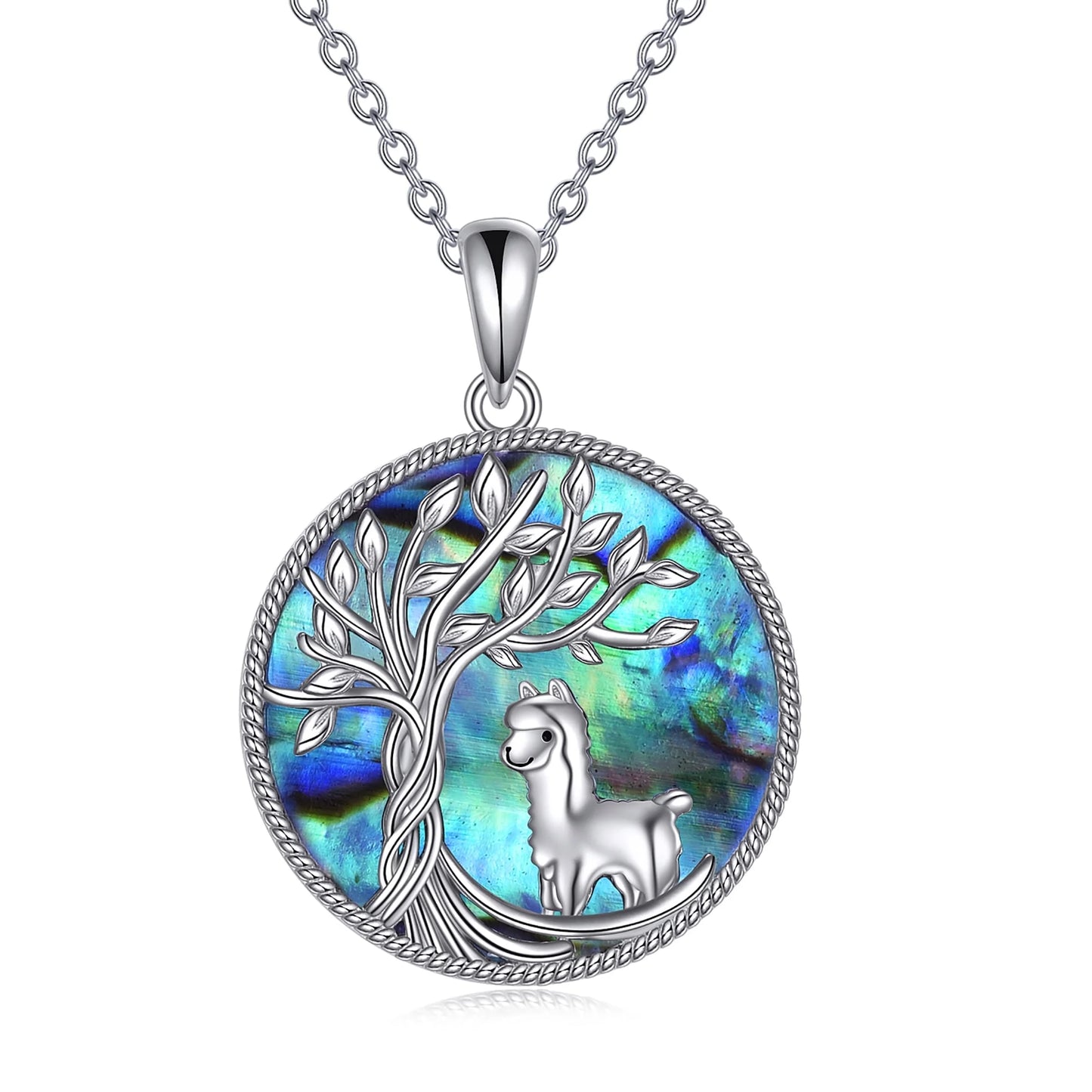 Tree of Life Alpaca Necklace Sterling Silver with Abalone Shell Animal Alpaca Pendant Jewelry Birthday Anniversary Mothers Day Christmas Gifts for Women
