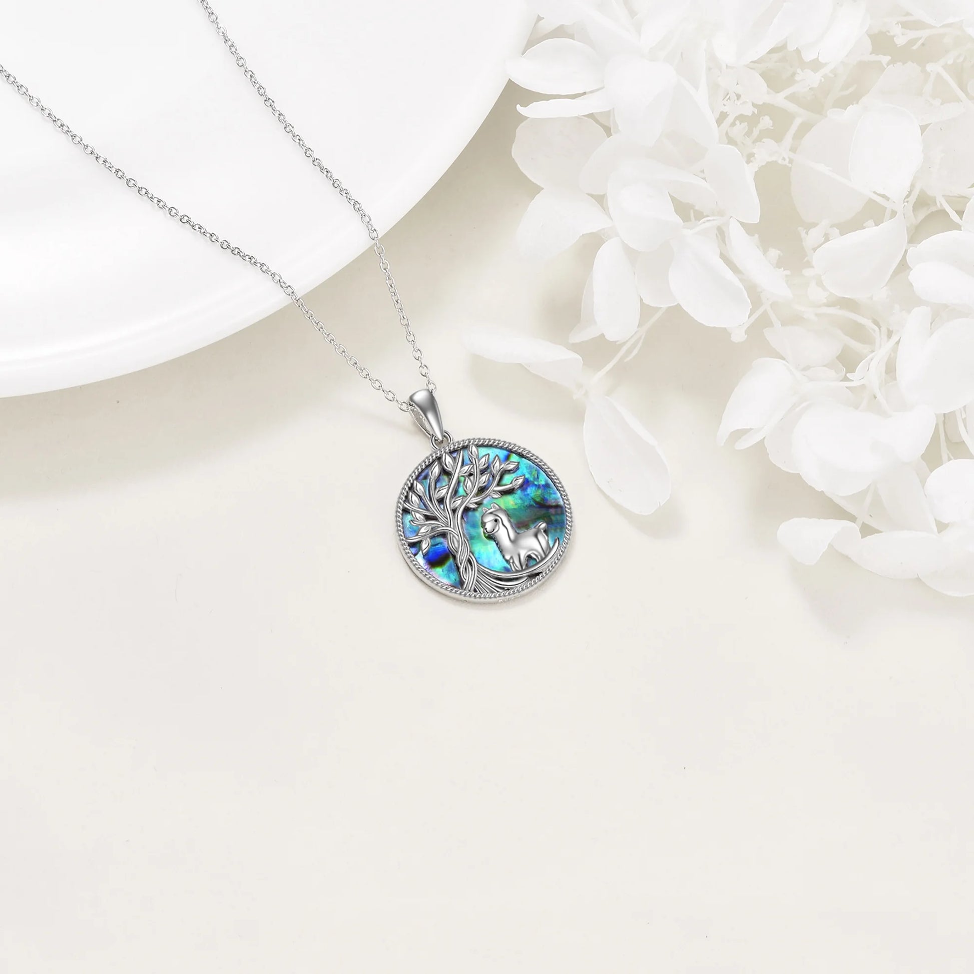 Tree of Life Alpaca Necklace Sterling Silver with Abalone Shell Animal Alpaca Pendant Jewelry Birthday Anniversary Mothers Day Christmas Gifts for Women