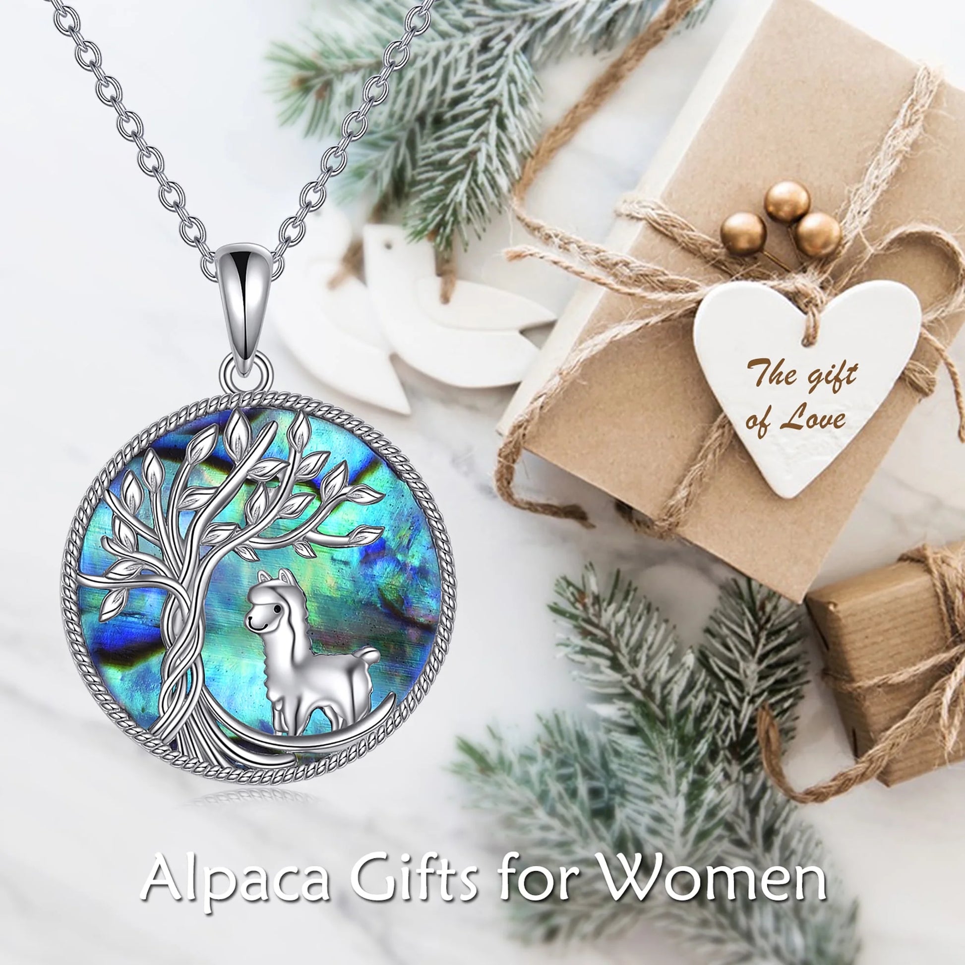 Tree of Life Alpaca Necklace Sterling Silver with Abalone Shell Animal Alpaca Pendant Jewelry Birthday Anniversary Mothers Day Christmas Gifts for Women