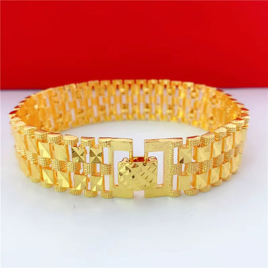 Powerful Simplicity! 24K AU999 Gold Masculine Link Bracelet - Polished Square Links, Sturdy Design for Daily Edge
