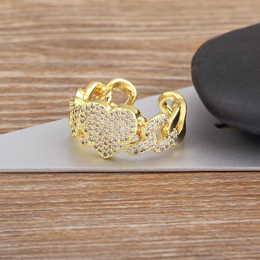 European and American Popular Trendy Fashion Heart Adjustable Gold Color Open Ring Romantic Zircon ​Finger Jewelry Gift