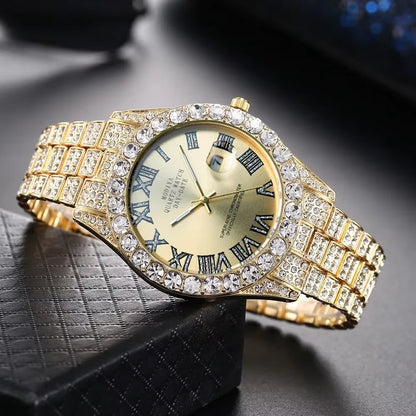 Hot Sale Diamond Bling Watch Men Gold Color Luxury Gift Quartz Watches Male Clock Dropshipping Rhinestone Calendar Wristwatch