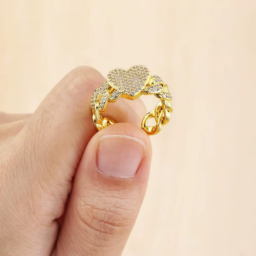 European and American Popular Trendy Fashion Heart Adjustable Gold Color Open Ring Romantic Zircon ​Finger Jewelry Gift