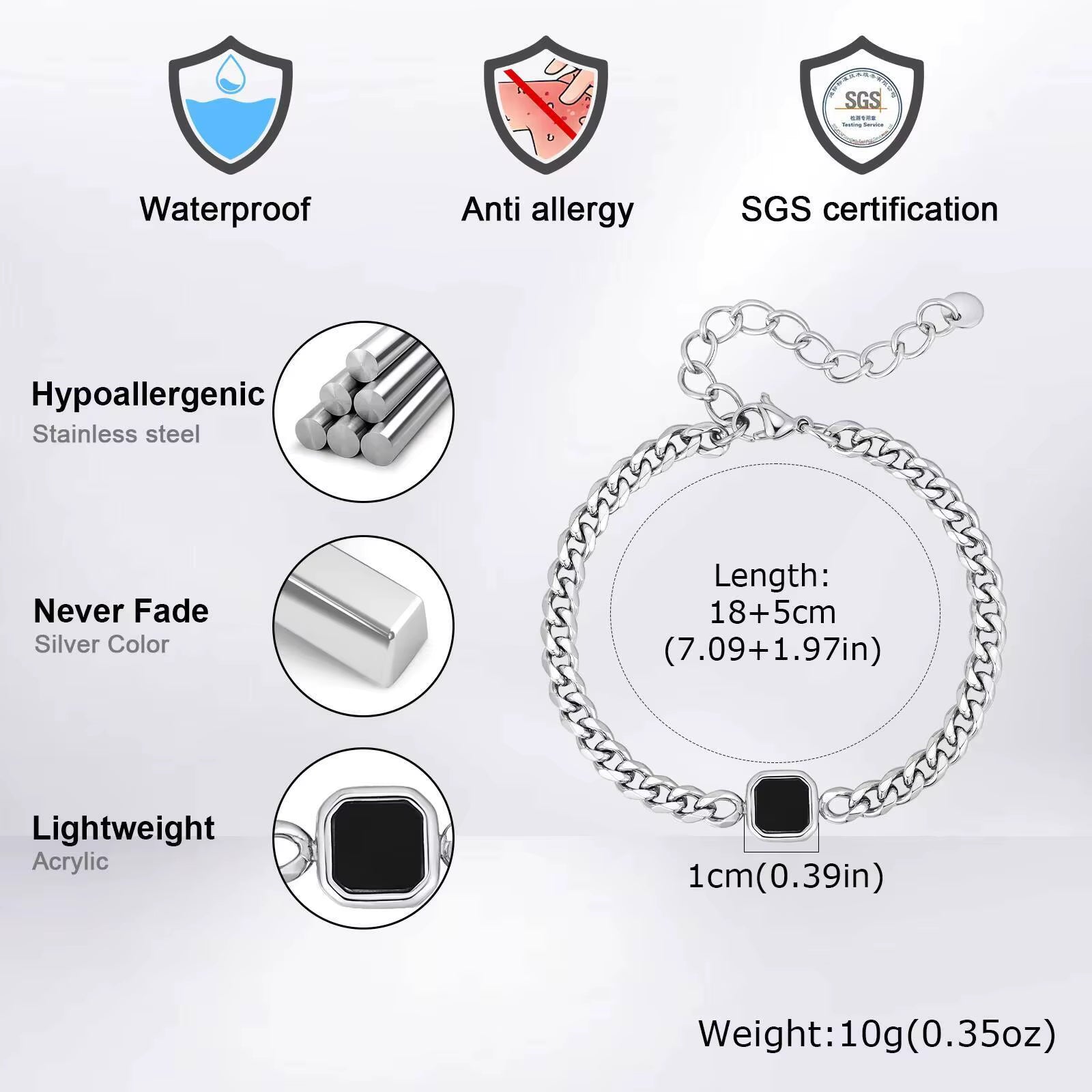 5Mm Width Adjustable Chain Bracelet for Men, Stainless Steel Acrylic Six-Sided Polished Jewelry Gifts for Husband Son‌ Him