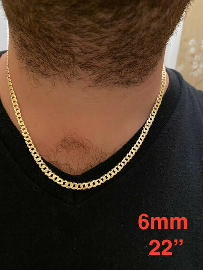 Men'S Women'S 14K Gold Vermeil over Solid 925 Silver Flat Curb Cuban Link Diamond Cut Chain Necklace 4Mm - 11Mm, 16"- 30" or 7”-9” Bracelet